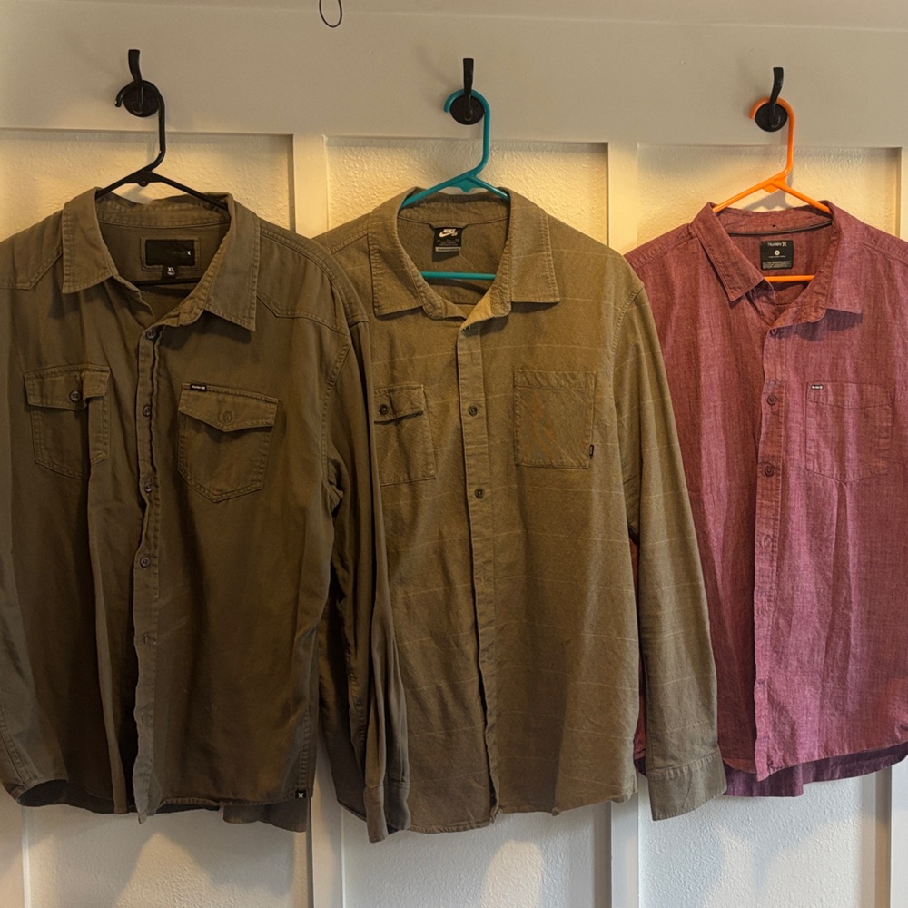 Hurley & Nike XL Men's Shirts - Olive, Khaki, and Burgundy